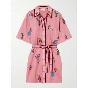 ALEMAIS Nadia Hernandez Timmy Belted Embroidered Linen Shirt Dress Womens 4